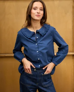 Acanthe Blouse grand col volanté velours Indigo Cheap