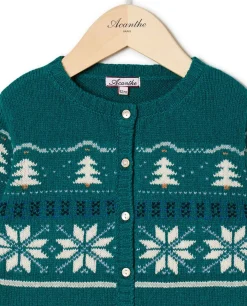Acanthe Cardigan col rond jacquard 100% lambswool Vert Outlet