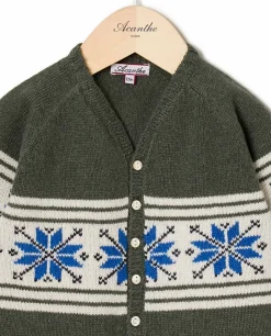 Acanthe Cardigan col V jacquard 100% lambswool Kaki Hot