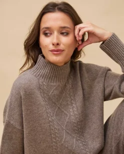 Acanthe Pull col montant torsade 100% cachemire Taupe Best