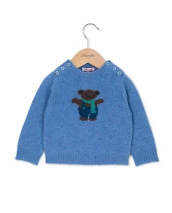 Acanthe Pull col rond jacquard ourson 100% lambswool Bleu Cheap