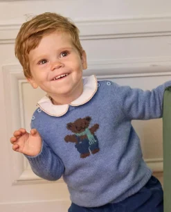 Acanthe Pull col rond jacquard ourson 100% lambswool Bleu Cheap