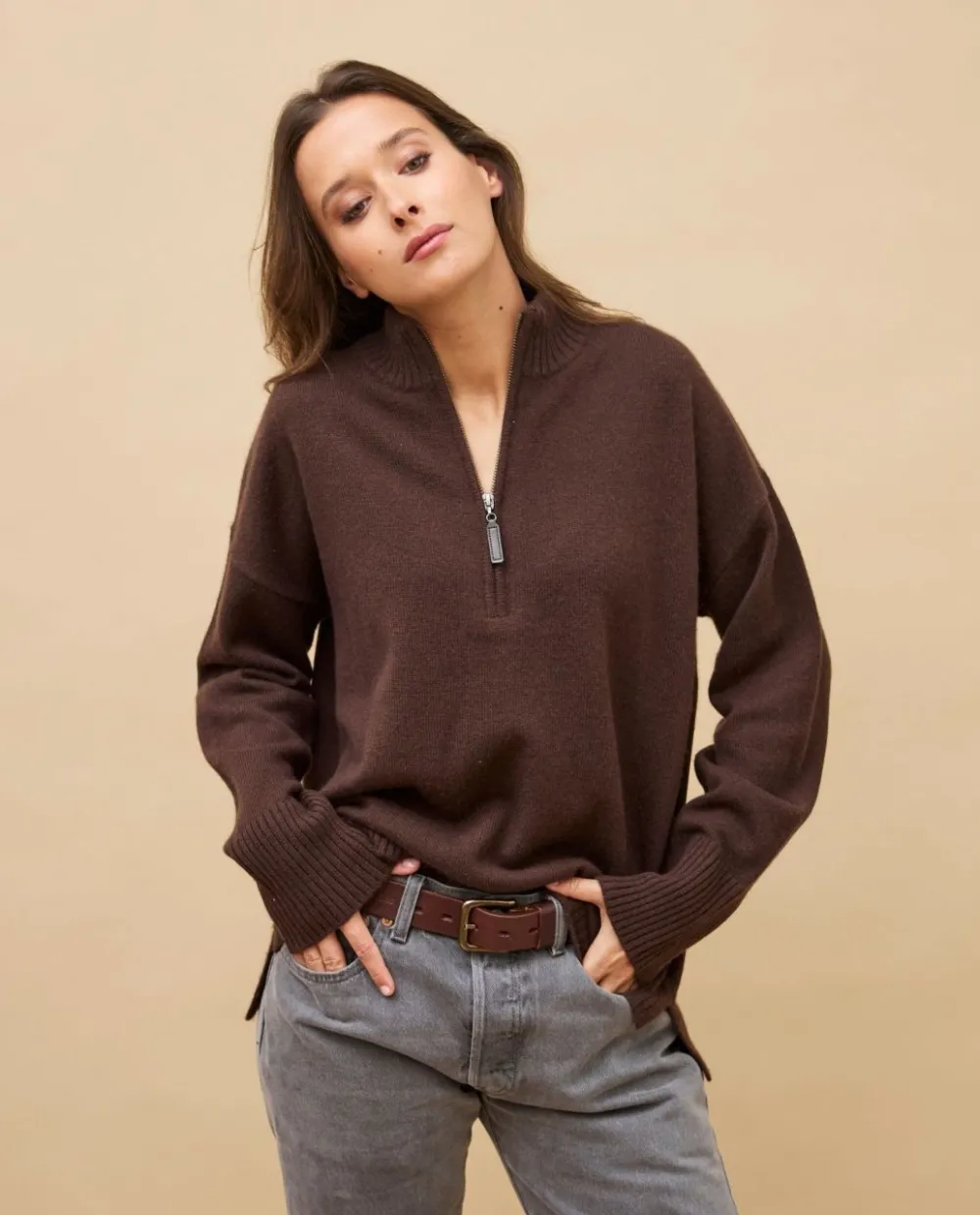 Acanthe Pull col zippé loose 100% cachemire Marron Sale